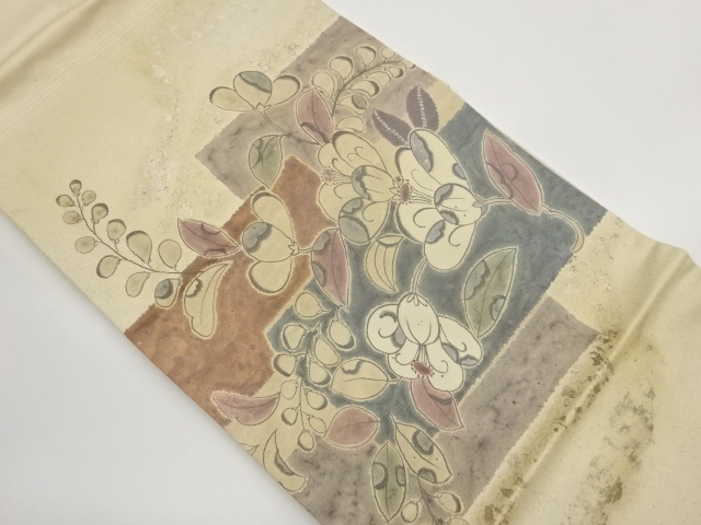 Nagoya obi with woven abstract floral pattern on mother-of-pearl inlay leaf vari